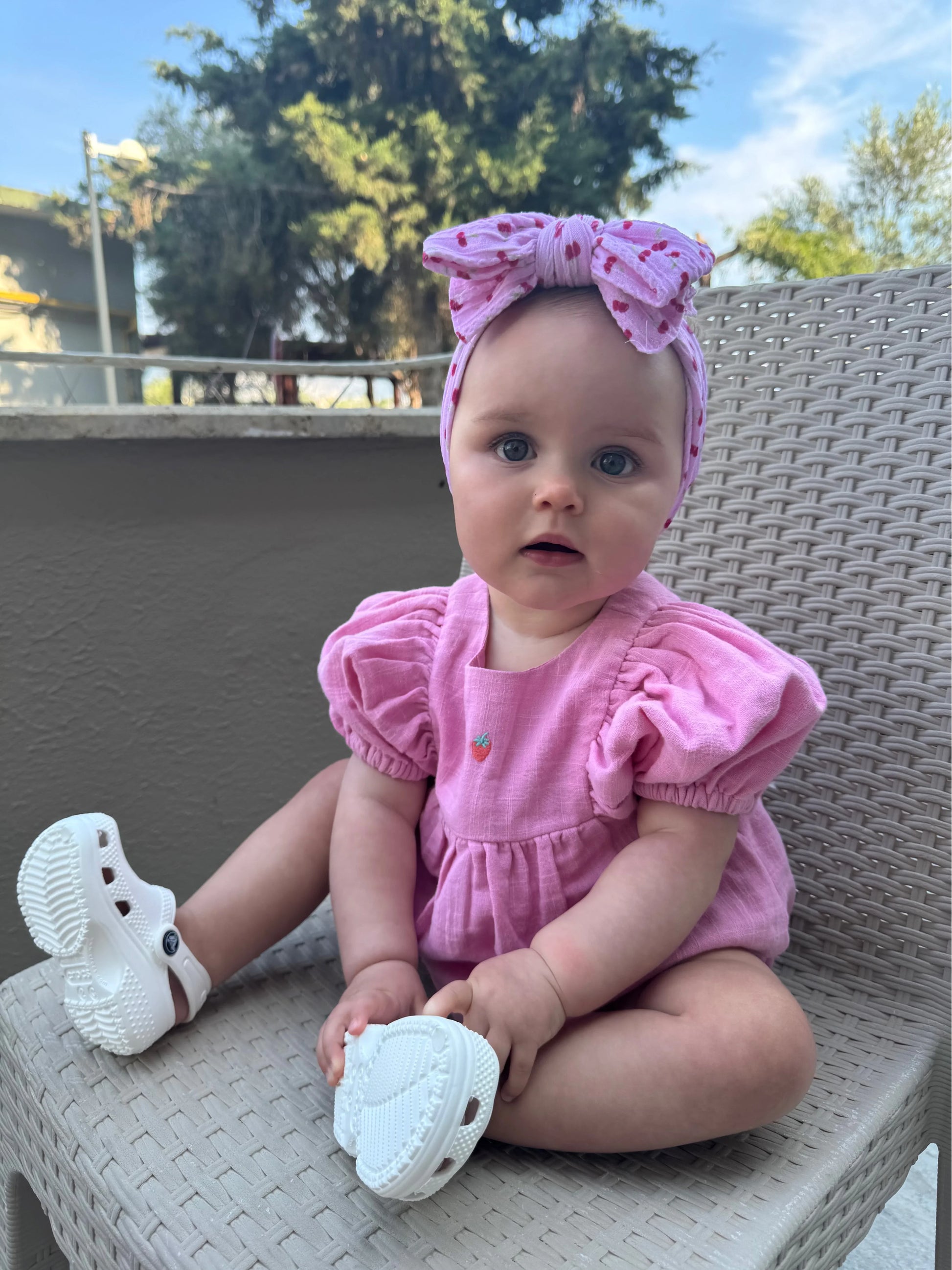 Pink Cherry Print Larger Bow Headband For Newborns to Age 3 - Image 2