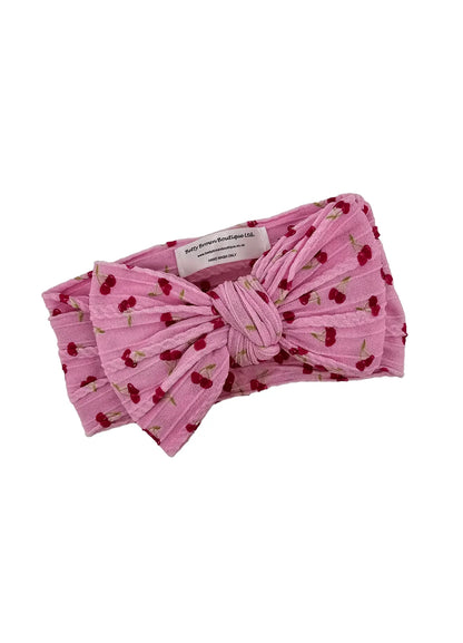 Pink Cherry Print Larger Bow Headband For Newborns to Age 3 - Image 3