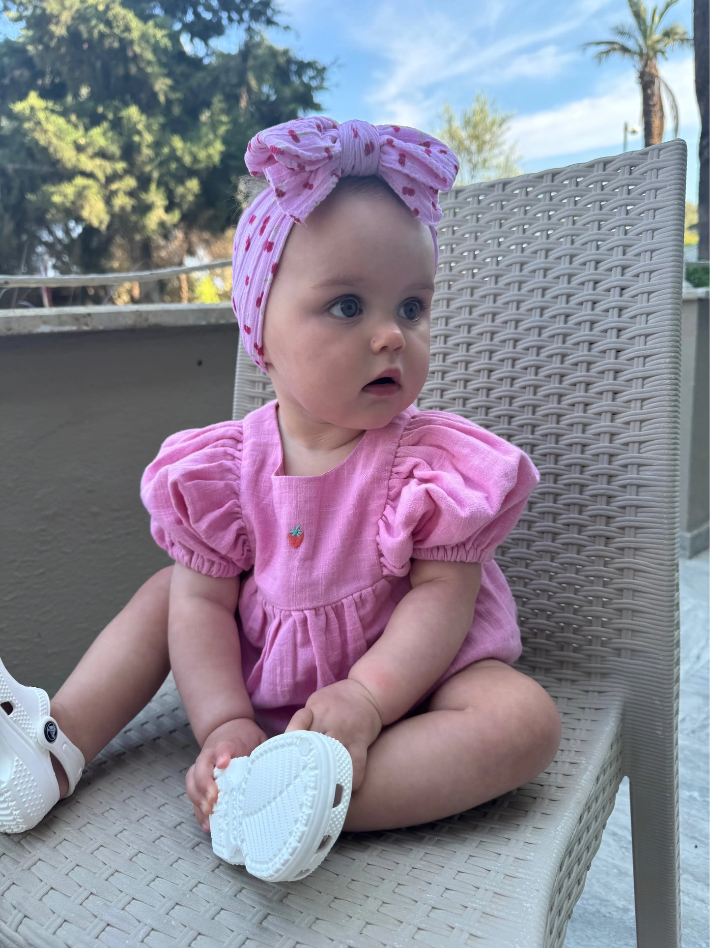 Pink Cherry Print Larger Bow Headband For Newborns to Age 3 - Image 5