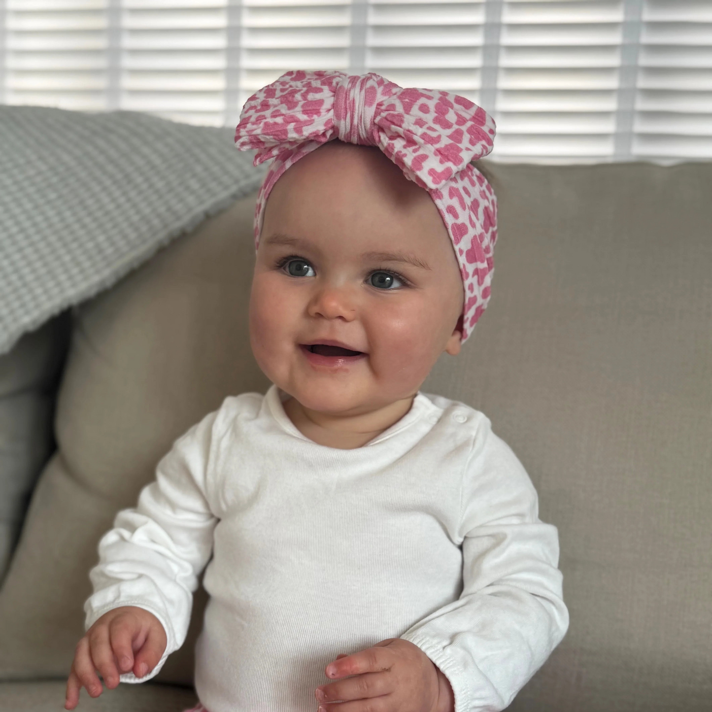 Pink Cow Pattern Larger Bow Cable Knit Headband