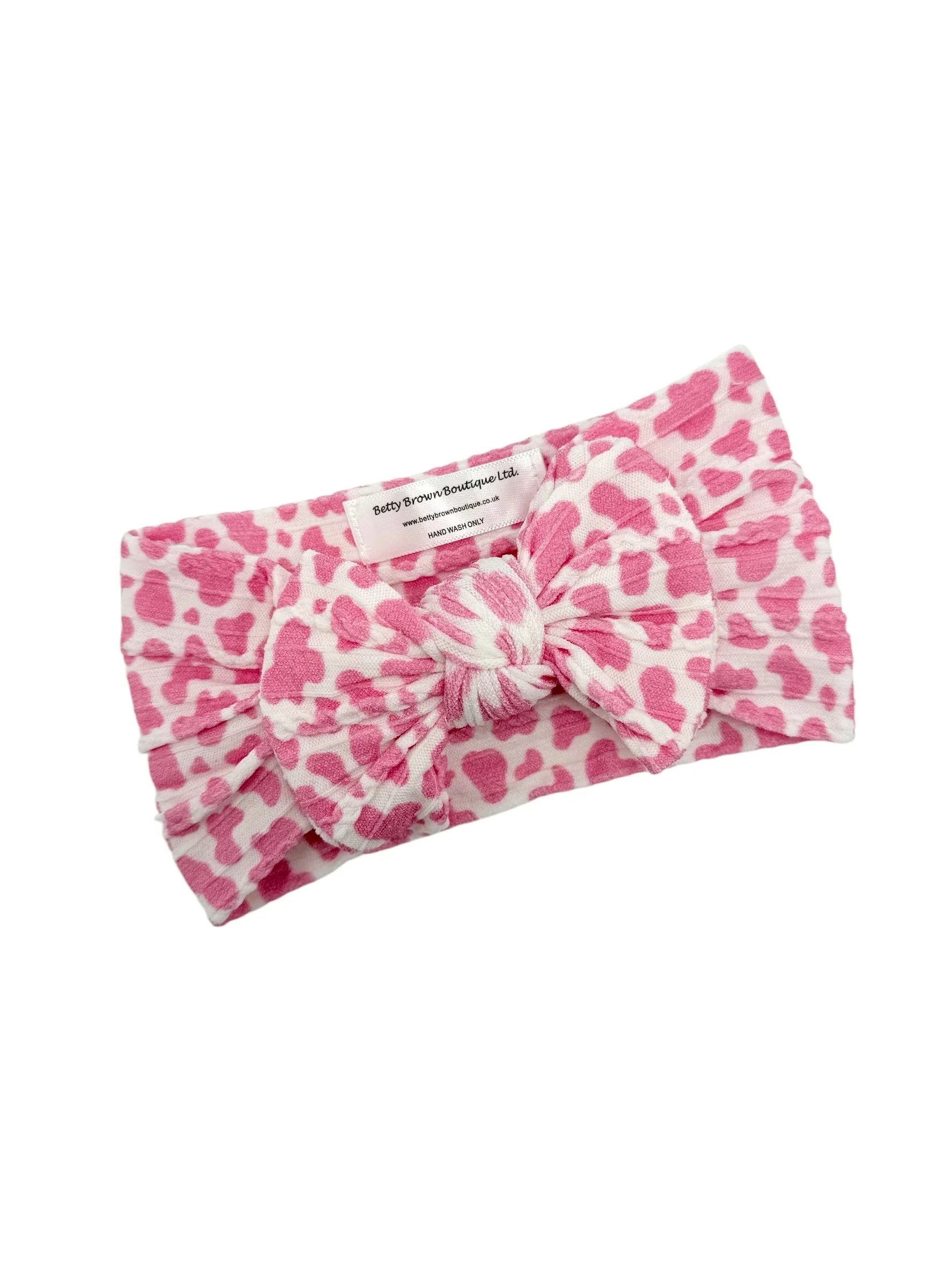 Pink Cow Print Smaller Bow Headband For Babies From Newborn - Image 2
