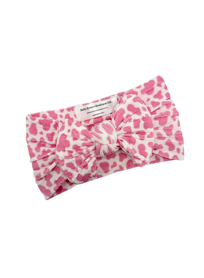 Pink Cow Print Smaller Bow Headband For Babies From Newborn - Image 2