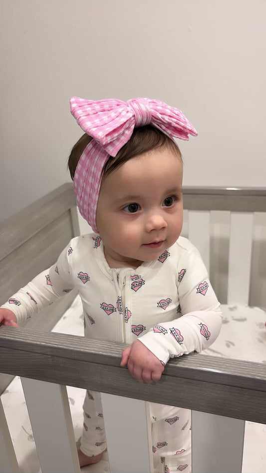 Pink Gingham Larger Bow Headband For Newborn Babies - Image 1