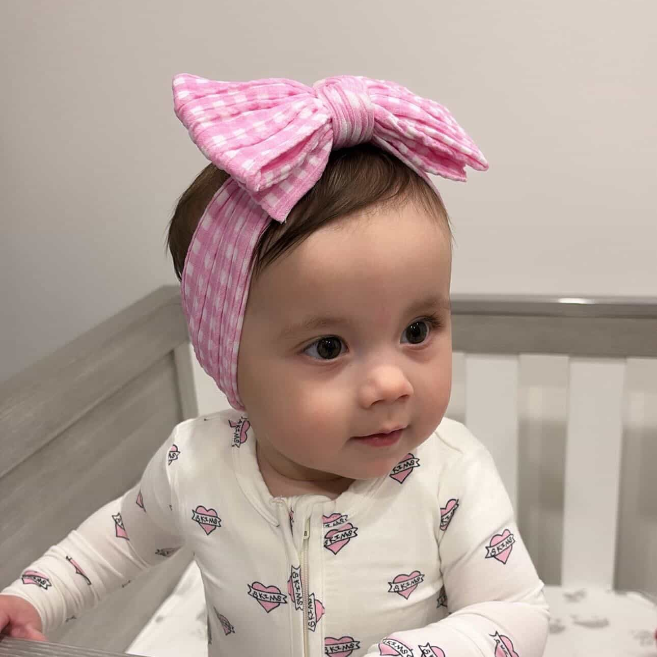 Pink Gingham Larger Bow Headband For Newborn Babies - Image 1