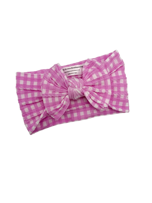 Pink Gingham Smaller Bow Headband For Babies To Toddlers - Image 1