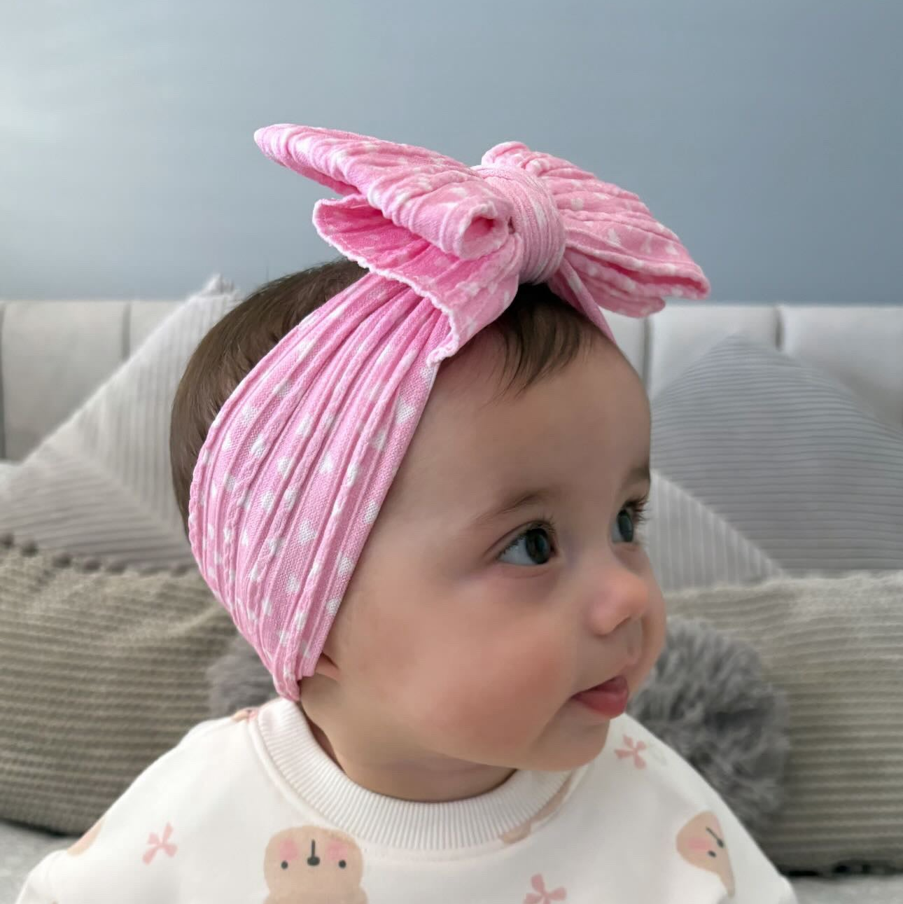Pink Heart Larger Bow Headband For Newborn Babies to Age 3 - Image 1