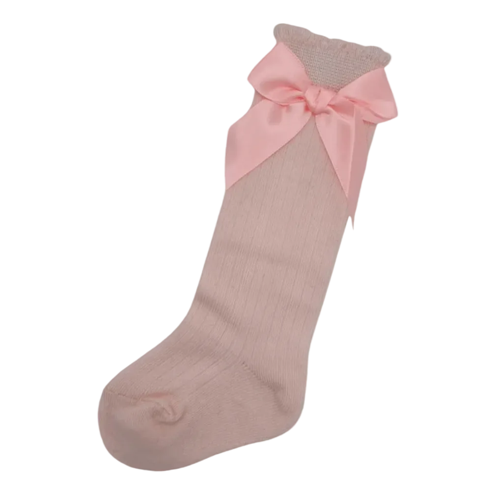 Pink Knee High Socks With Satin Bow For Girls 6-24 Months - Image 1