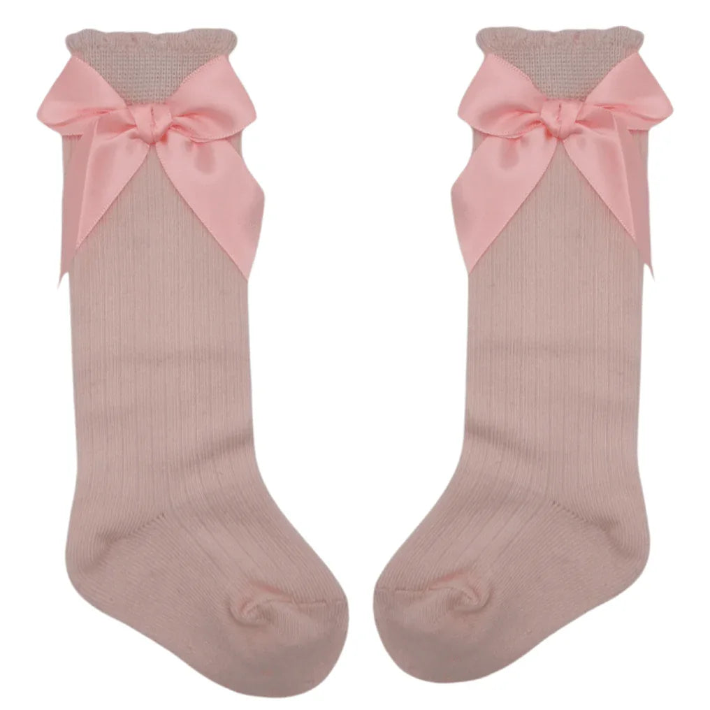 Pink Knee High Socks With Satin Bow For Girls 6-24 Months - Image 2