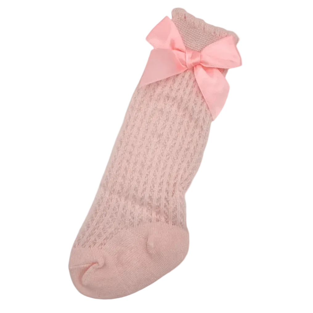 Pink Open Patterned Knee High Baby Socks With Satin Bow - Image 1