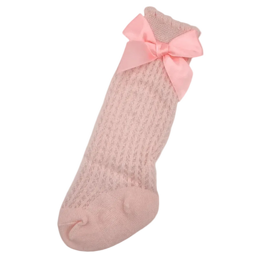 Pink Open Patterned Knee High Baby Socks With Satin Bow - Image 1