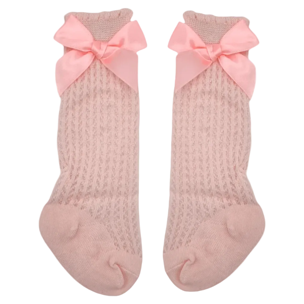 Pink Open Patterned Knee High Baby Socks With Satin Bow - Image 2