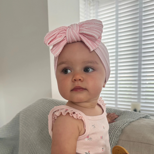 Pink Pinstripe Larger Bow Headband For Babies - Image 1