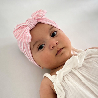Pink Pinstripe Smaller Bow Headband For Baby Girls - Image 1