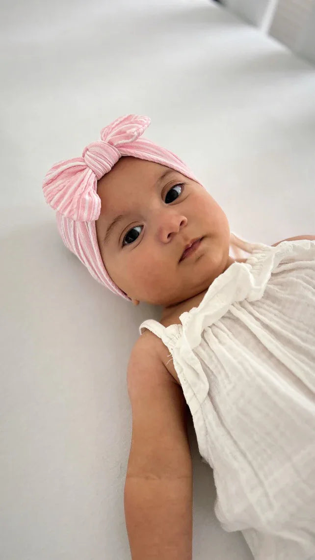Pink Pinstripe Smaller Bow Headband For Baby Girls - Image 1
