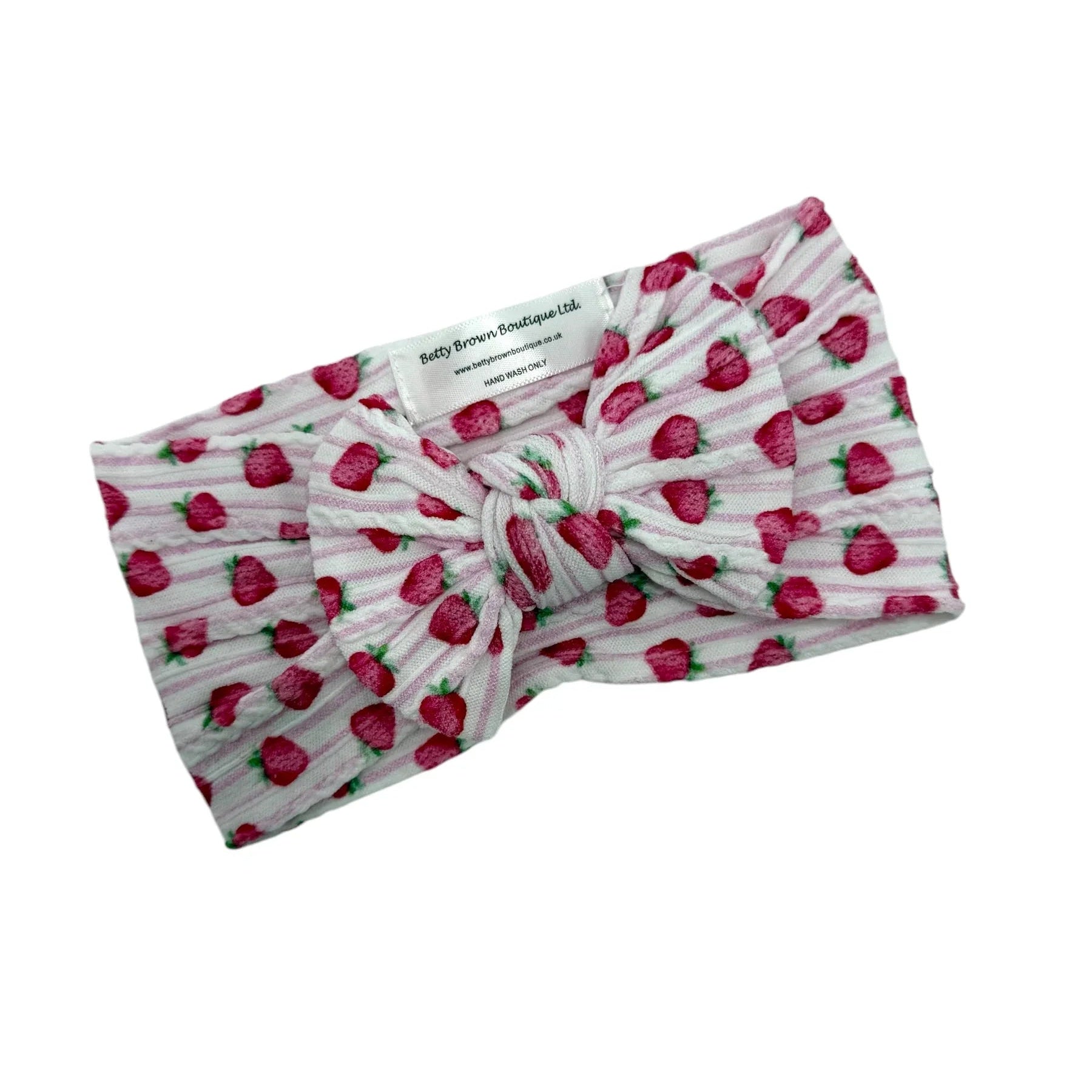 White Strawberry Pinstripe Smaller Bow Headband For Babies - Image 2