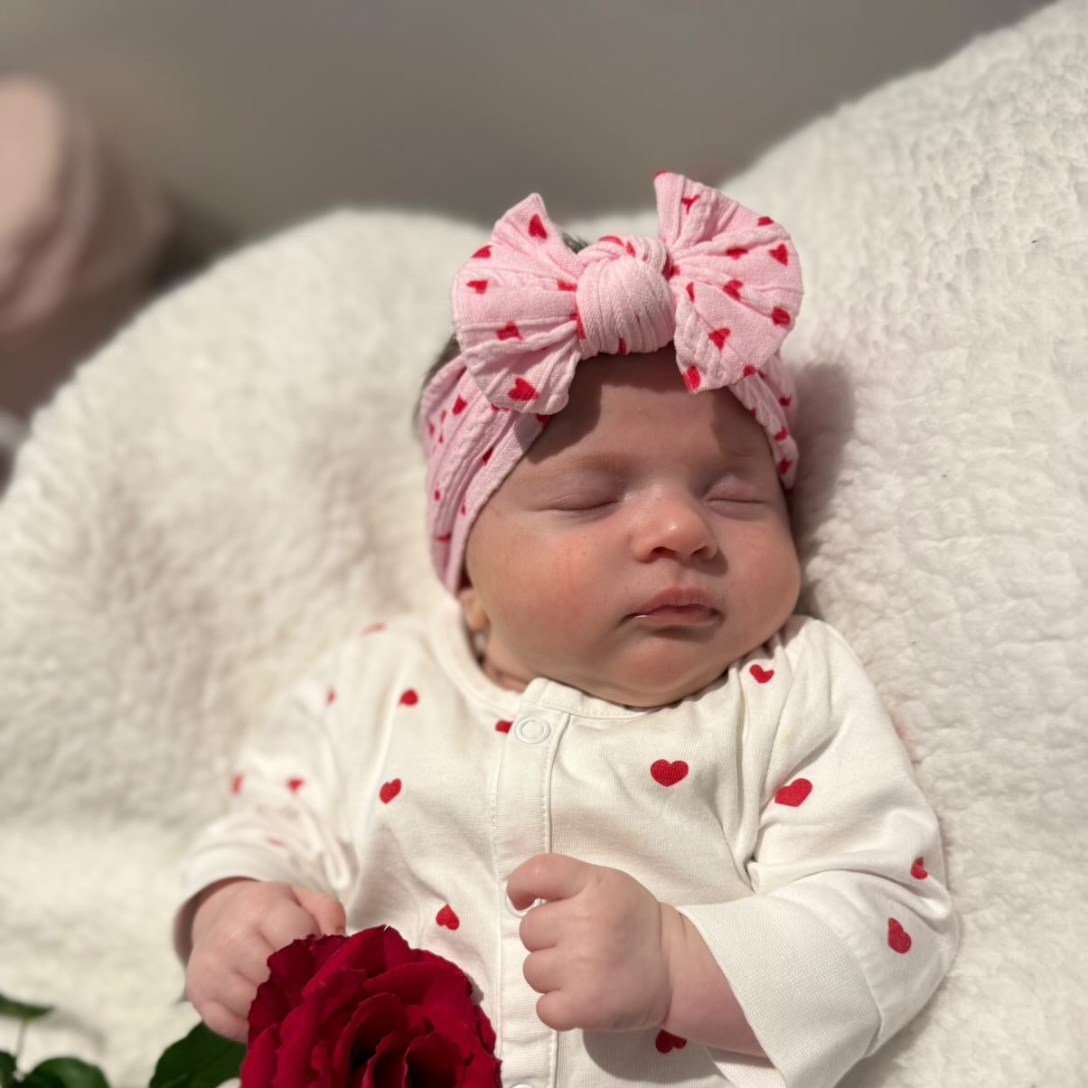 Pink & Red Heart Smaller Bow Headband For Newborn To Toddlers - Image 1