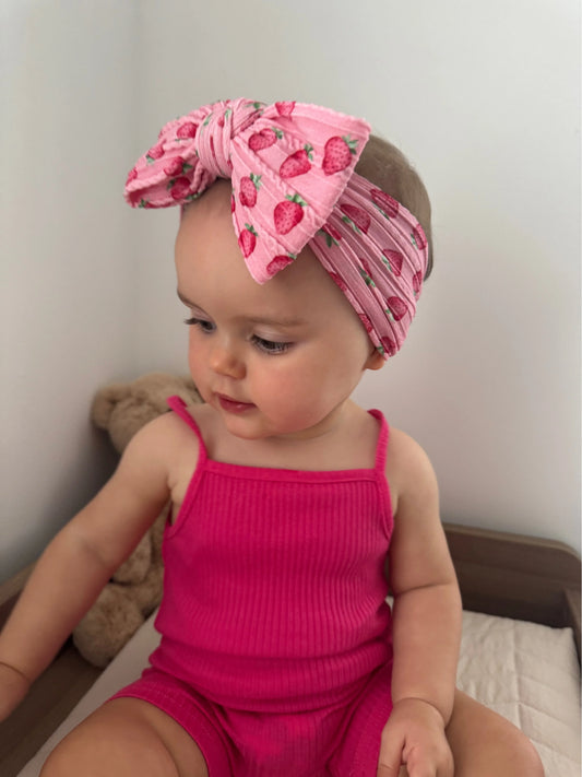 Pink Strawberry Print Larger Bow Headband For Baby Girls - Image 1