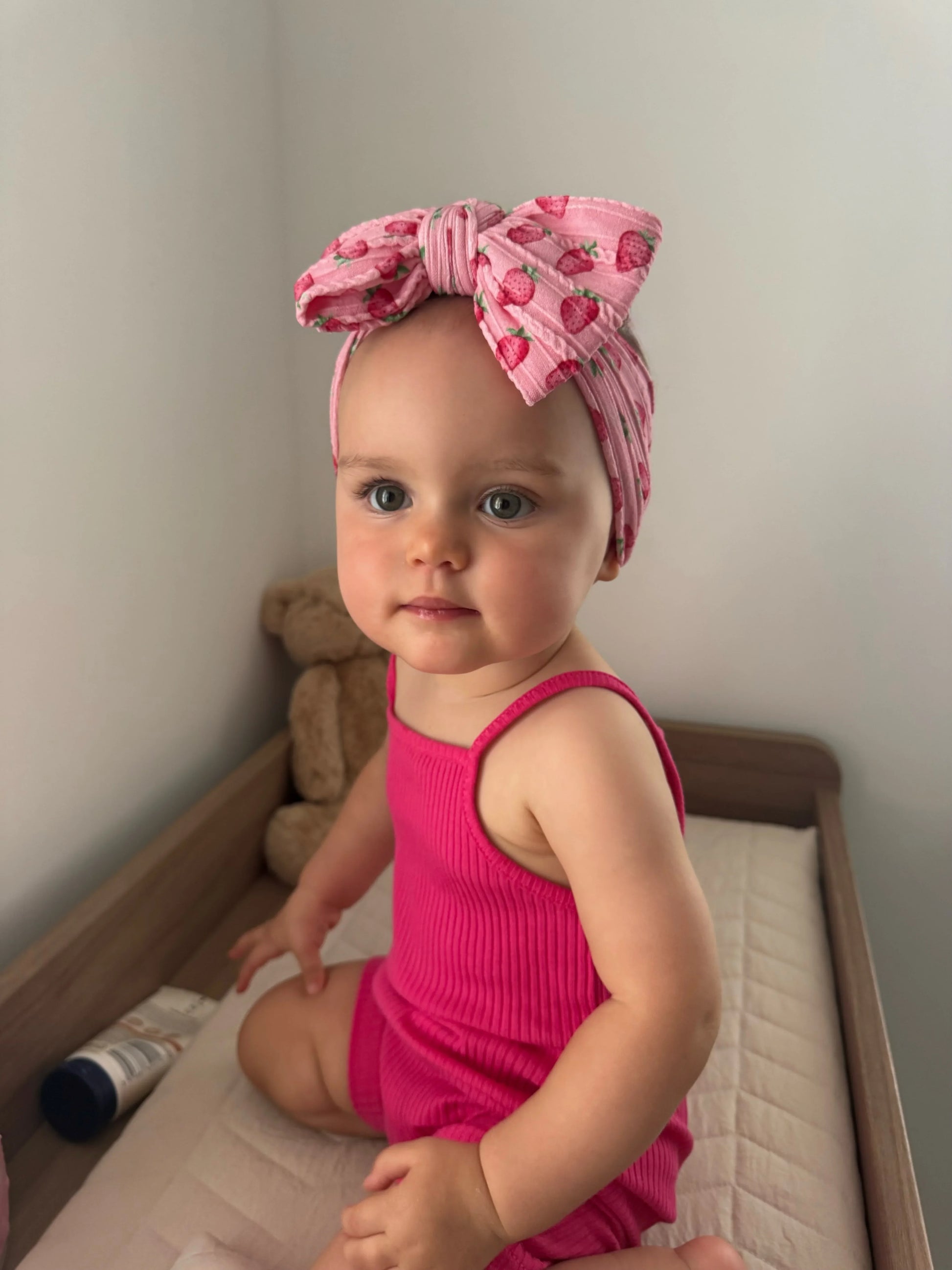 Pink Strawberry Print Larger Bow Headband For Baby Girls - Image 2