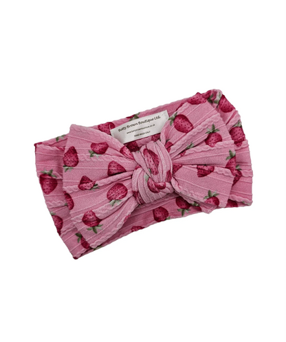 Pink Strawberry Print Larger Bow Headband For Baby Girls - Image 3