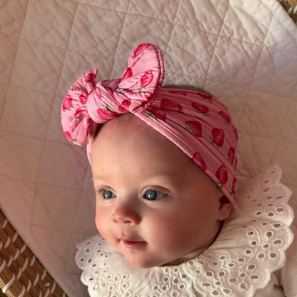 Pink Strawberry Smaller Bow Headband For Newborns to Toddlers - Image 1