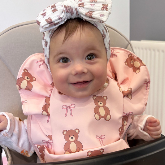 Pink Teddy Bear Bow Pattern Frill Detailed Waterproof Weaning Bib