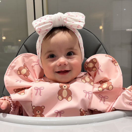 Pink Teddy Bear Bow Pattern Frill Detailed Waterproof Weaning Bib with Sleeves