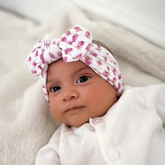 Pink Watercolour Strawberry Pattern Smaller Bow Cable Knit Headband