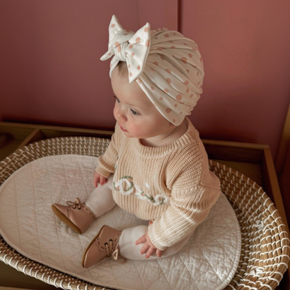 Pink & White Dalmatian Turban Hat With Bow For Newborns to Age 2 - Image 1