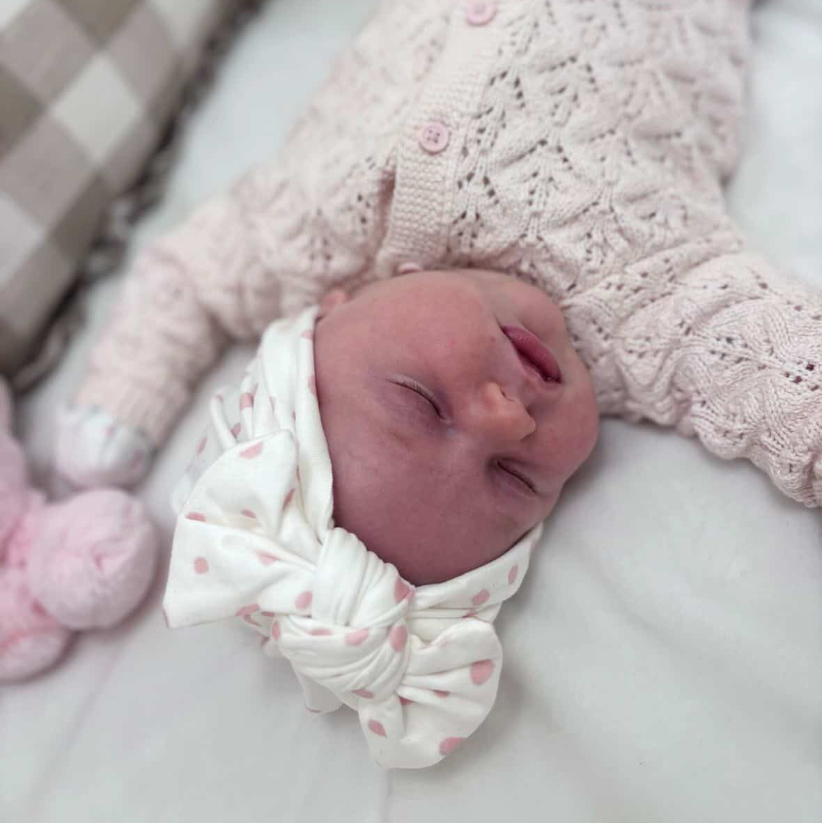 Pink & White Dalmatian Turban Hat With Bow For Newborns to Age 2 - Image 10