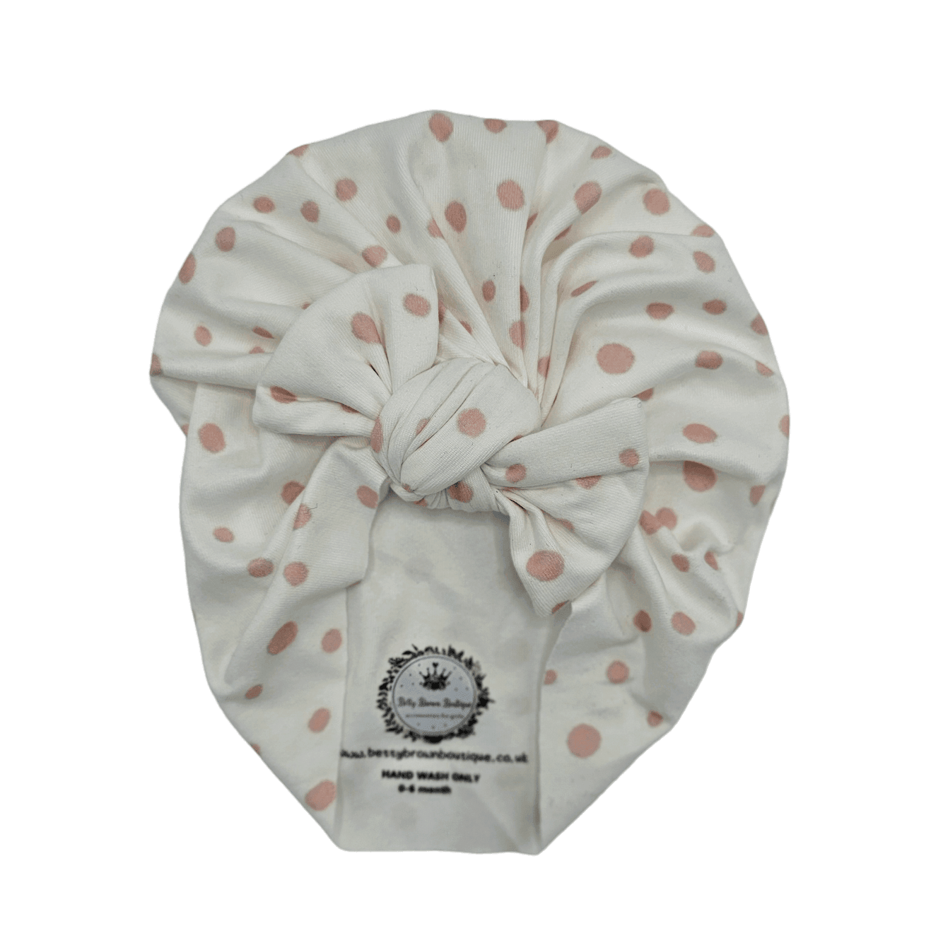 Pink & White Dalmatian Turban Hat With Bow For Newborns to Age 2 - Image 2