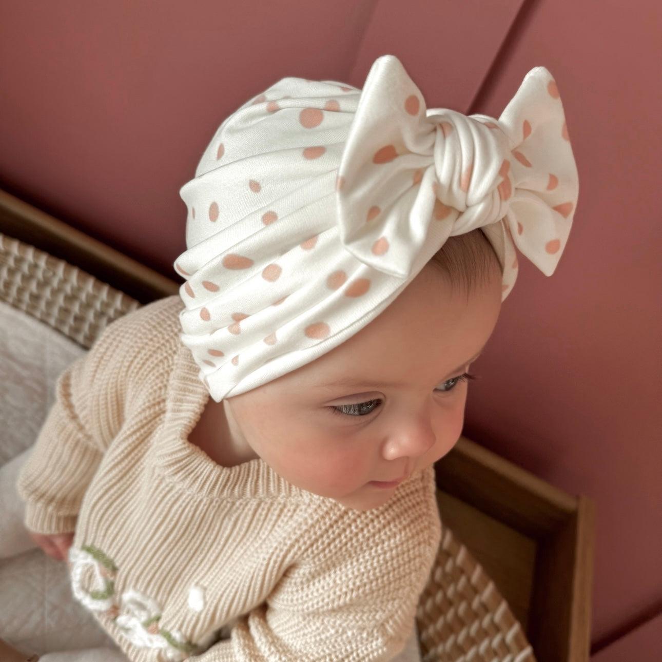 Pink & White Dalmatian Turban Hat With Bow For Newborns to Age 2 - Image 4