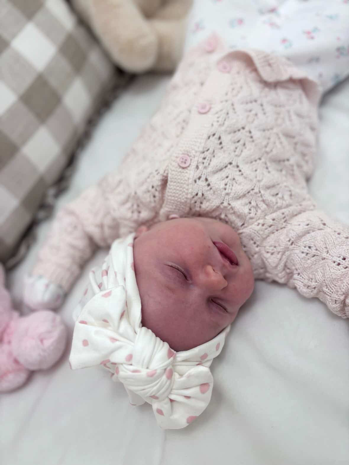Pink & White Dalmatian Turban Hat With Bow For Newborns to Age 2 - Image 5