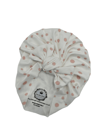 Pink & White Dalmatian Turban Hat With Bow For Newborns to Age 2 - Image 9