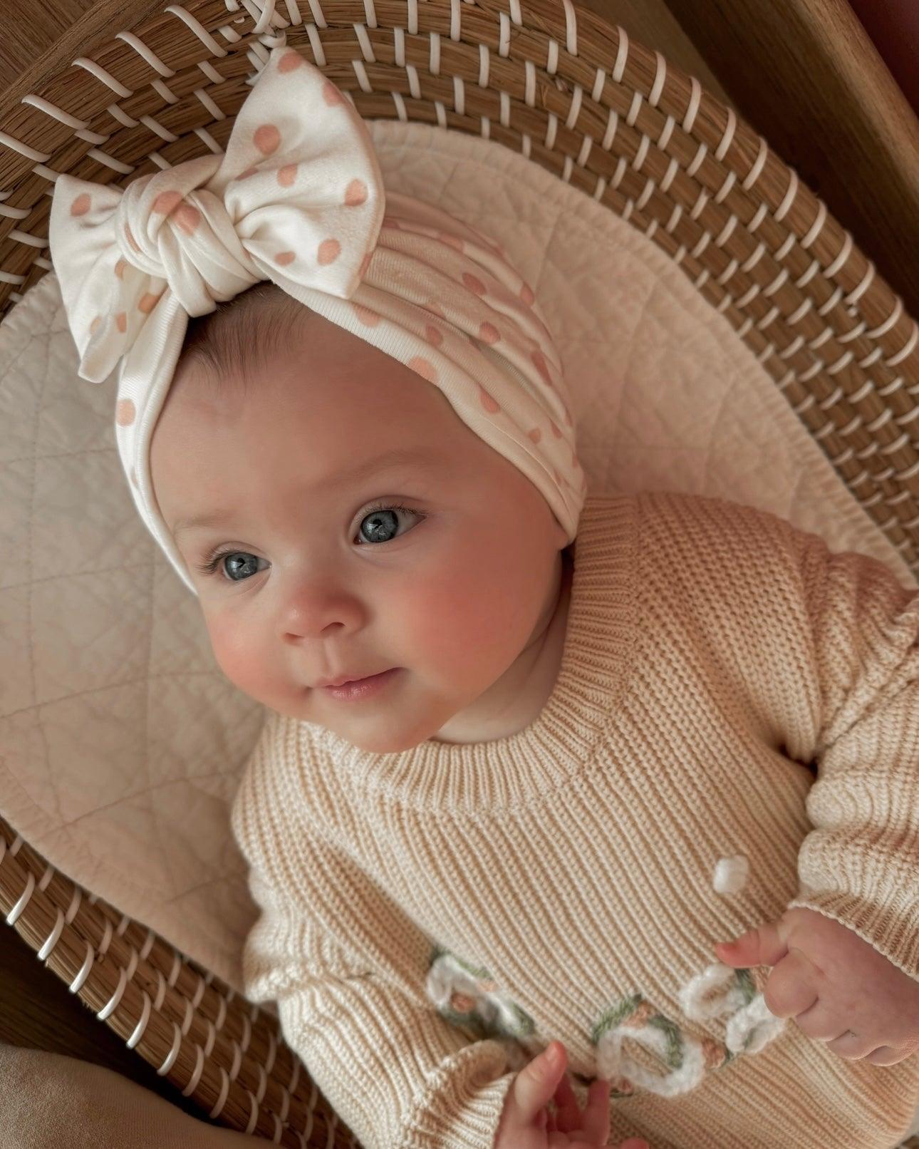 Pink & White Dalmatian Turban Hat With Bow For Newborns to Age 2 - Image 2