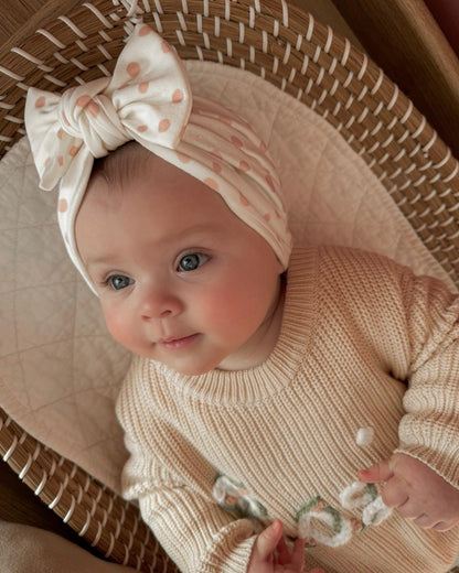 Pink & White Dalmatian Turban Hat With Bow For Newborns to Age 2 - Image 2