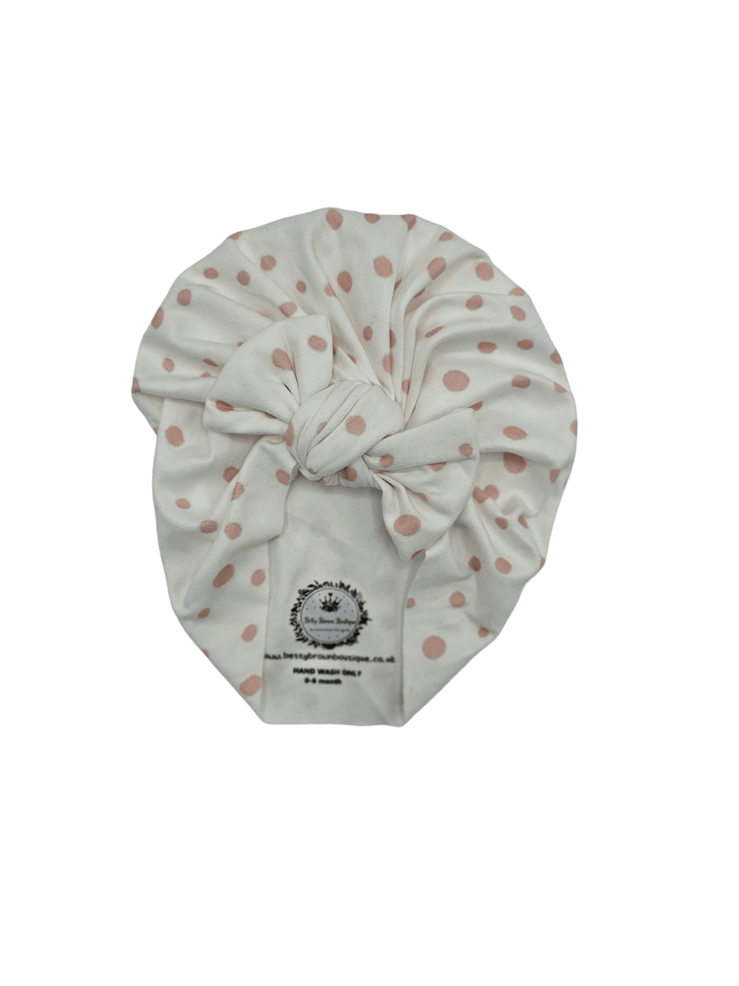Pink & White Dalmatian Turban Hat With Bow For Newborns to Age 2 - Image 3