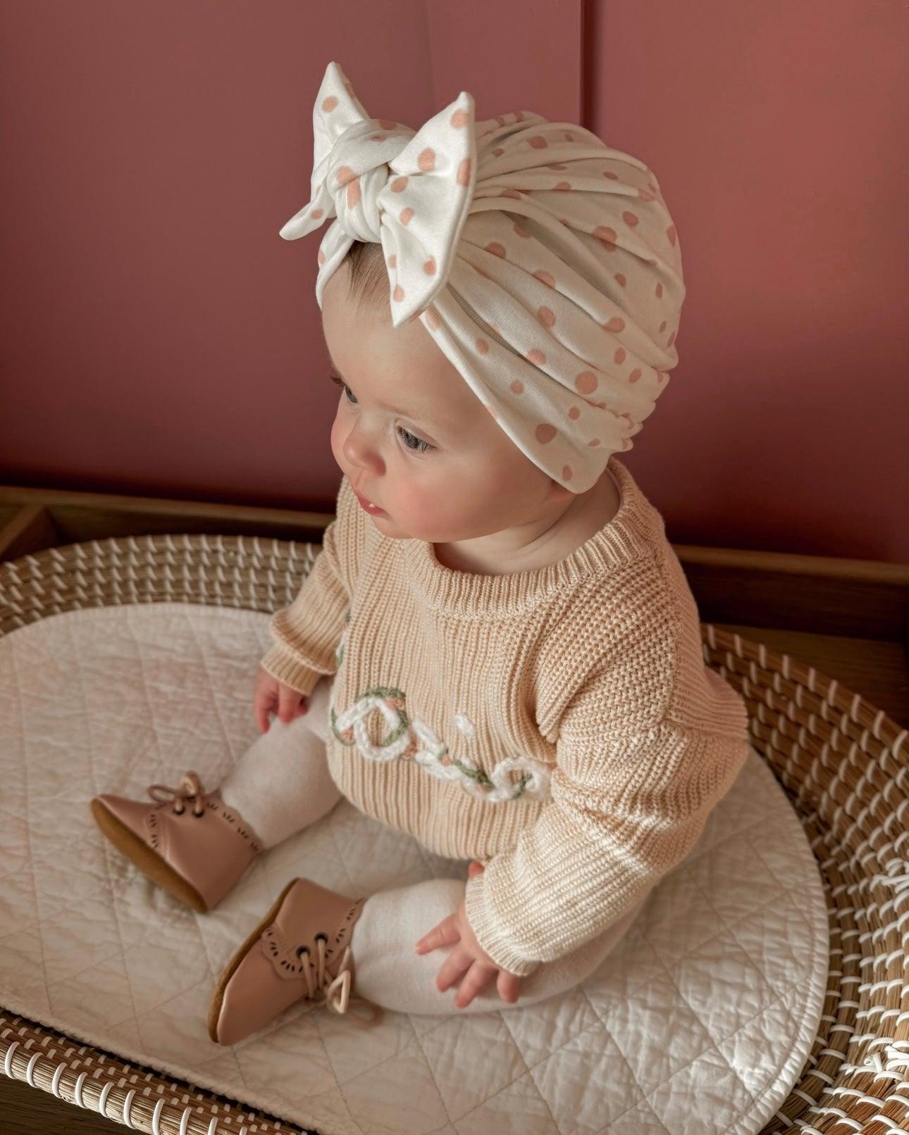 Pink & White Dalmatian Turban Hat With Bow For Newborns to Age 2 - Image 7