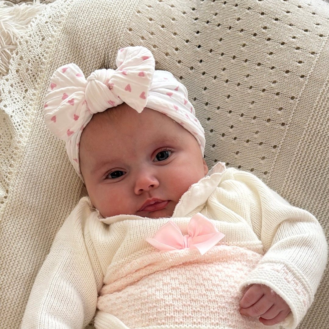 Valentines Pink & White Heart Smaller Bow Headband For Babies - Image 1