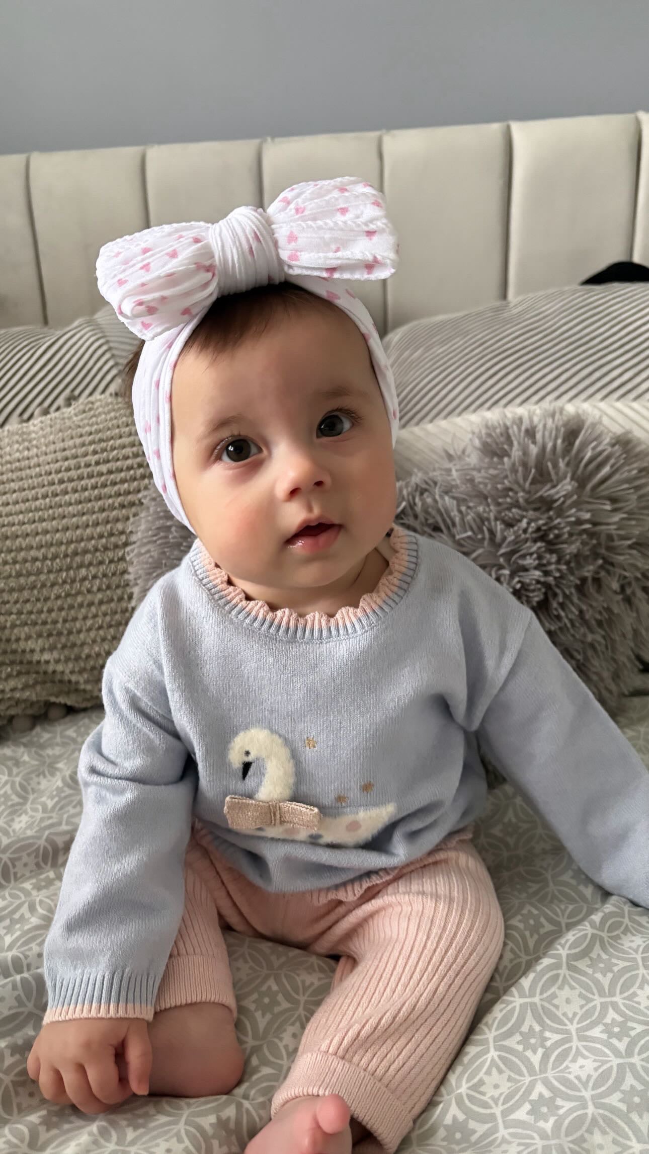 Valentines Pink & White Hearts Larger Bow Headband For Babies - Image 1