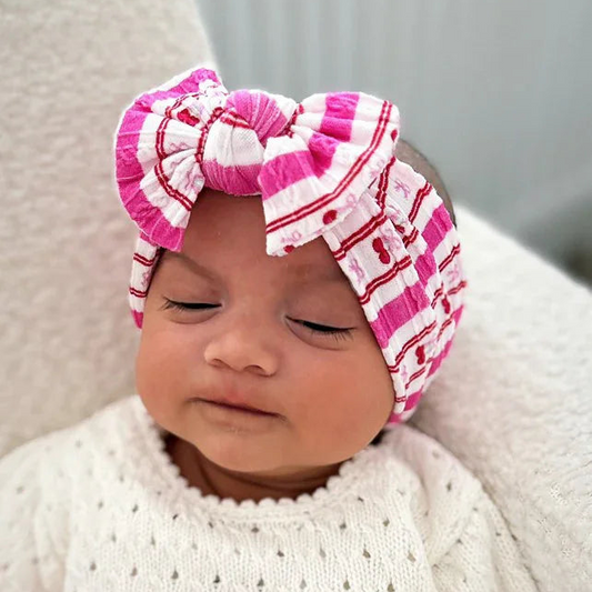 Pink Pinstripe Cherry Pattern Smaller Bow Cable Knit Headband