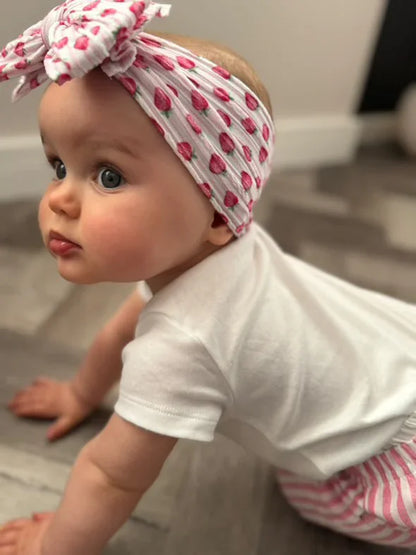 Pink Pinstripe Strawberry Larger Bow Headband For Babies - Image 8