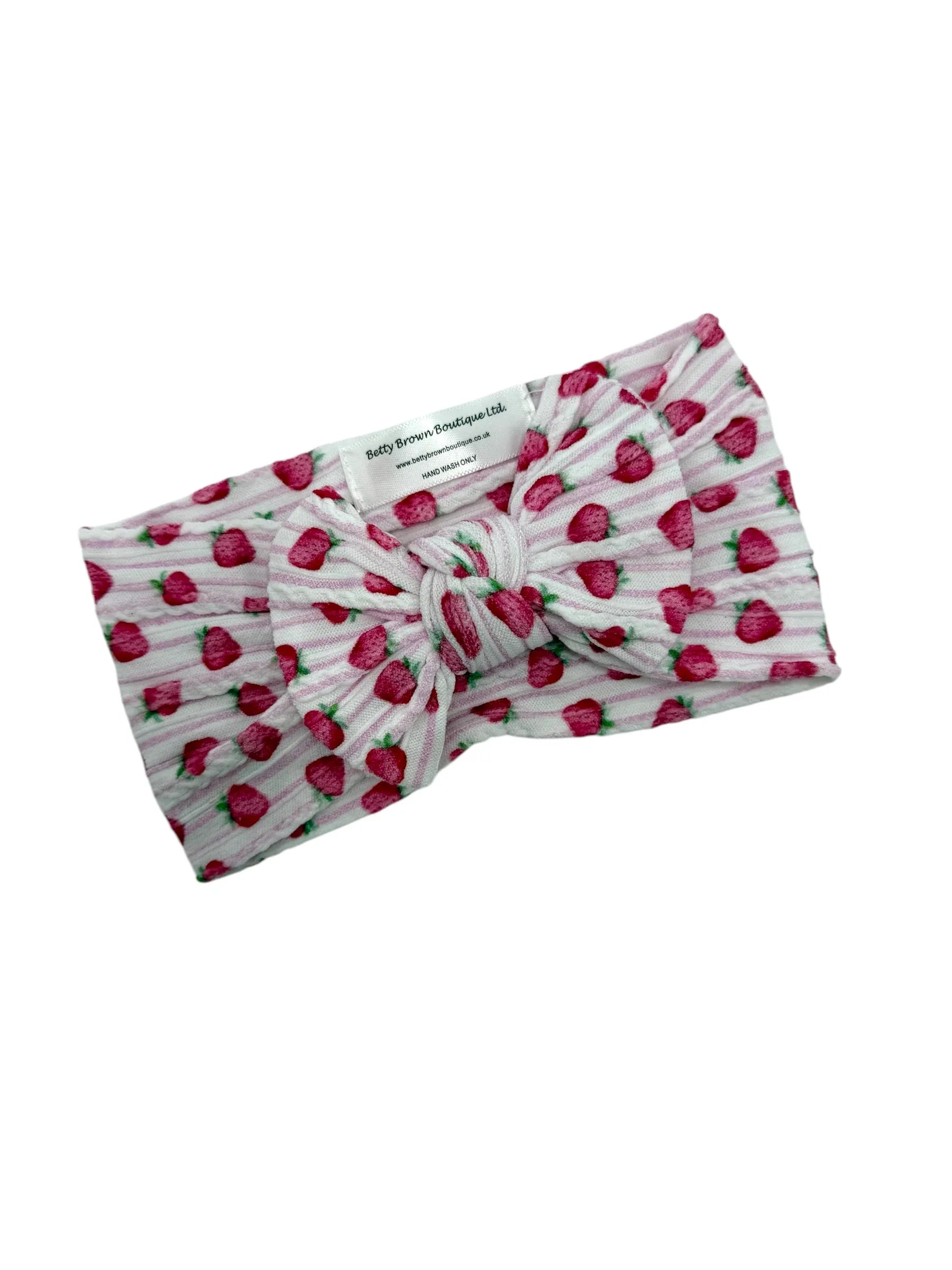 White Strawberry Pinstripe Smaller Bow Headband For Babies - Image 2