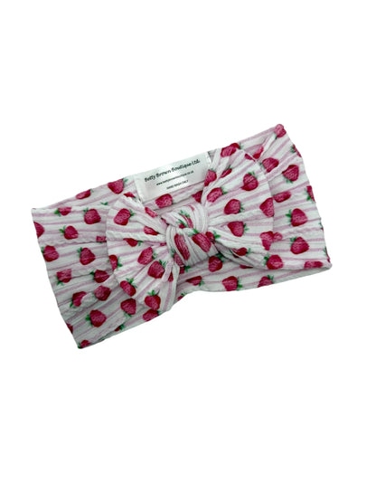 White Strawberry Pinstripe Smaller Bow Headband For Babies - Image 2