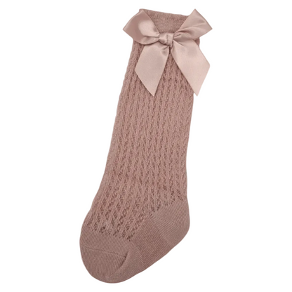 Primrose Pink Open Patterned Knee High Baby Socks With Bow - Image 1