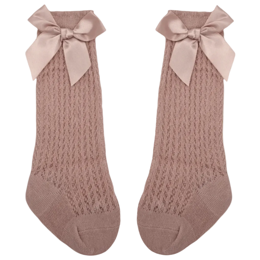 Primrose Pink Open Patterned Knee High Baby Socks With Bow - Image 2