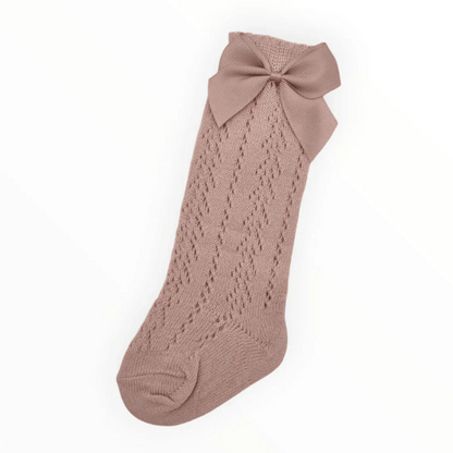 Primrose Pink Open Patterned Knee High Baby Socks With Bow - Image 1