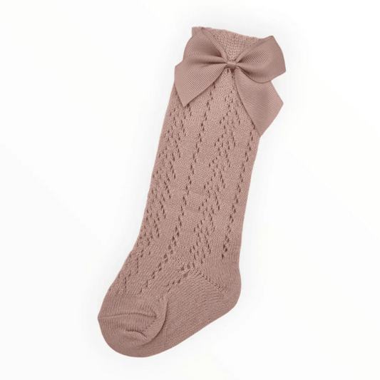 Primrose Pink Open Patterned Knee High Baby Socks With Bow - Image 1