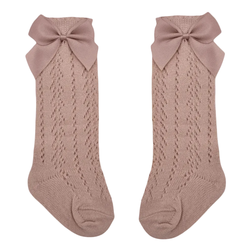 Primrose Pink Open Patterned Knee High Baby Socks With Bow - Image 2