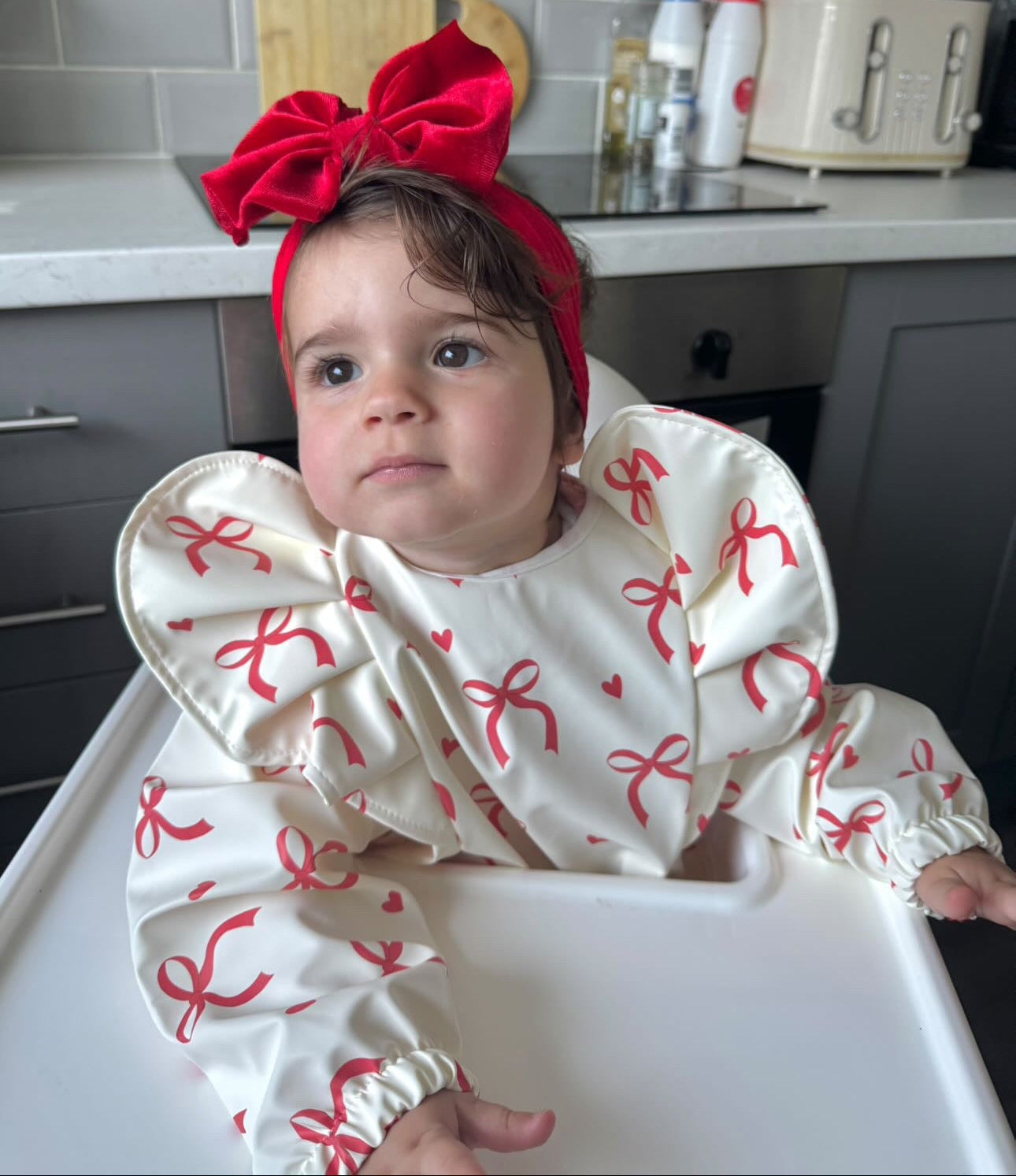 Red & Cream Bow Christmas Bib with Sleeves For 6-36 Months - Image 3