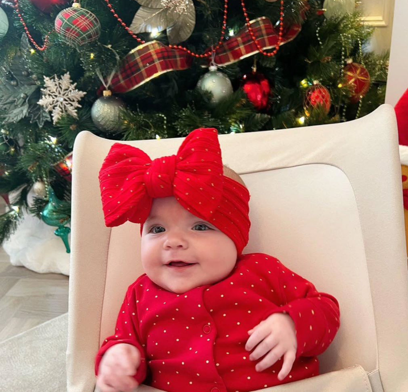 Christmas Red Gold Spot Larger Bow Headband For Baby Girls - Image 2